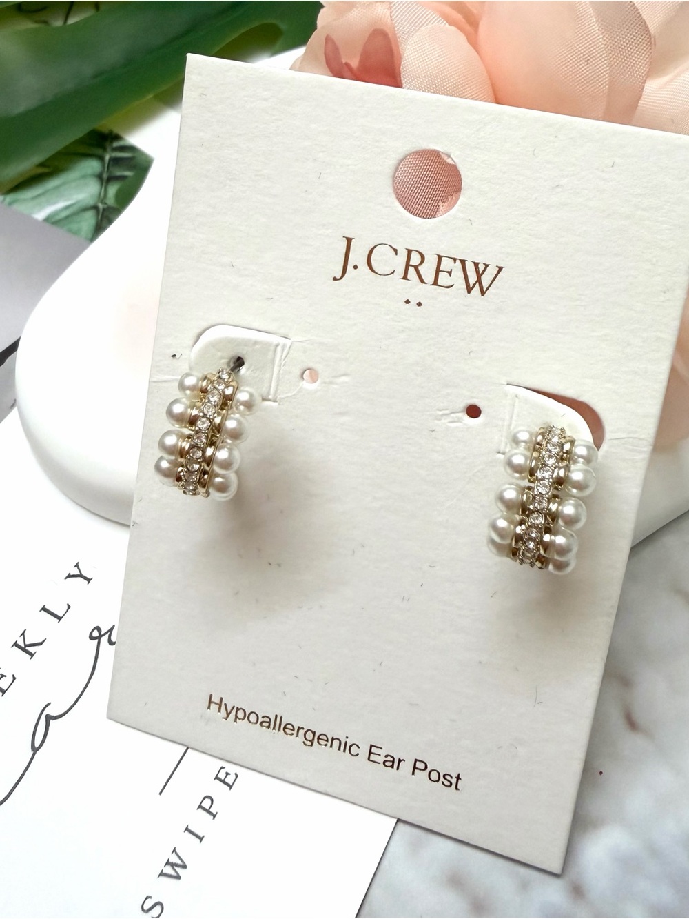 J. Crew Pearl and Gold Crystal Hoop Earrings